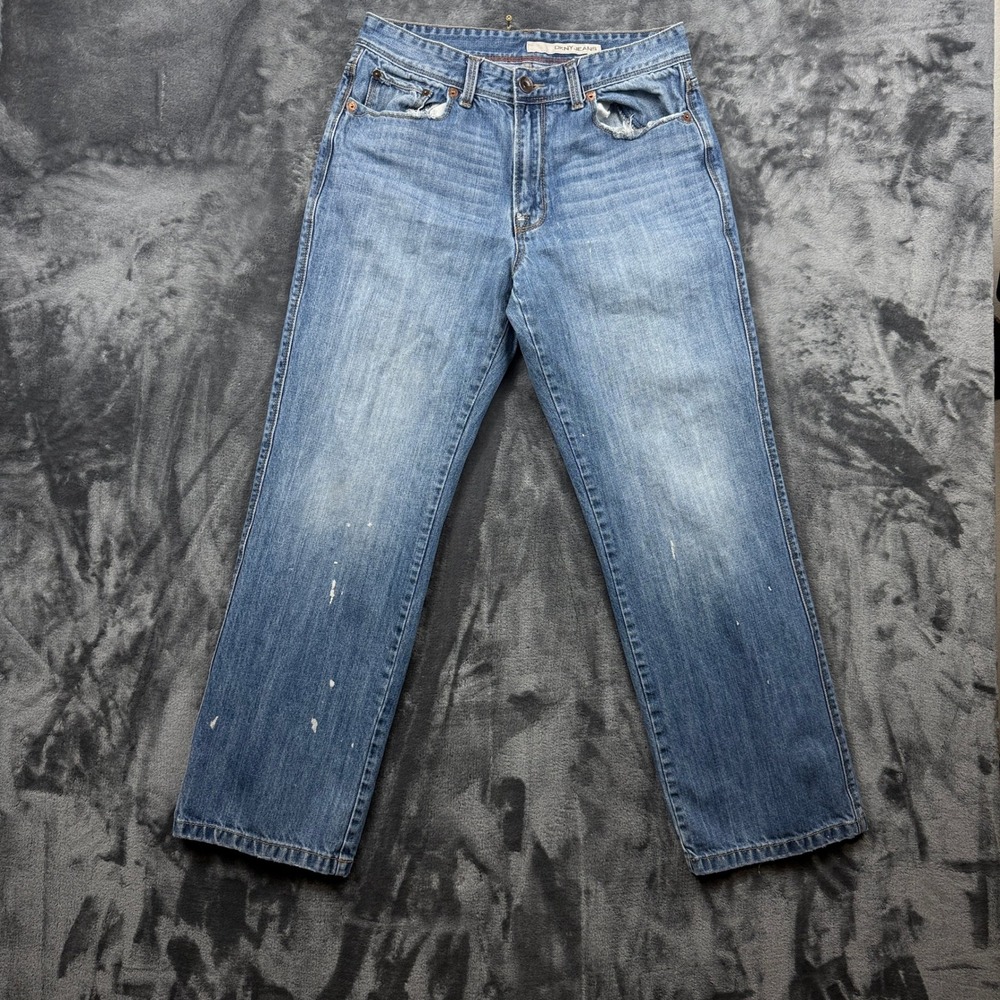 DKNY Jeans Straight Leg Jeans Womens 31 Blue Distressed Paint Splatter Denim